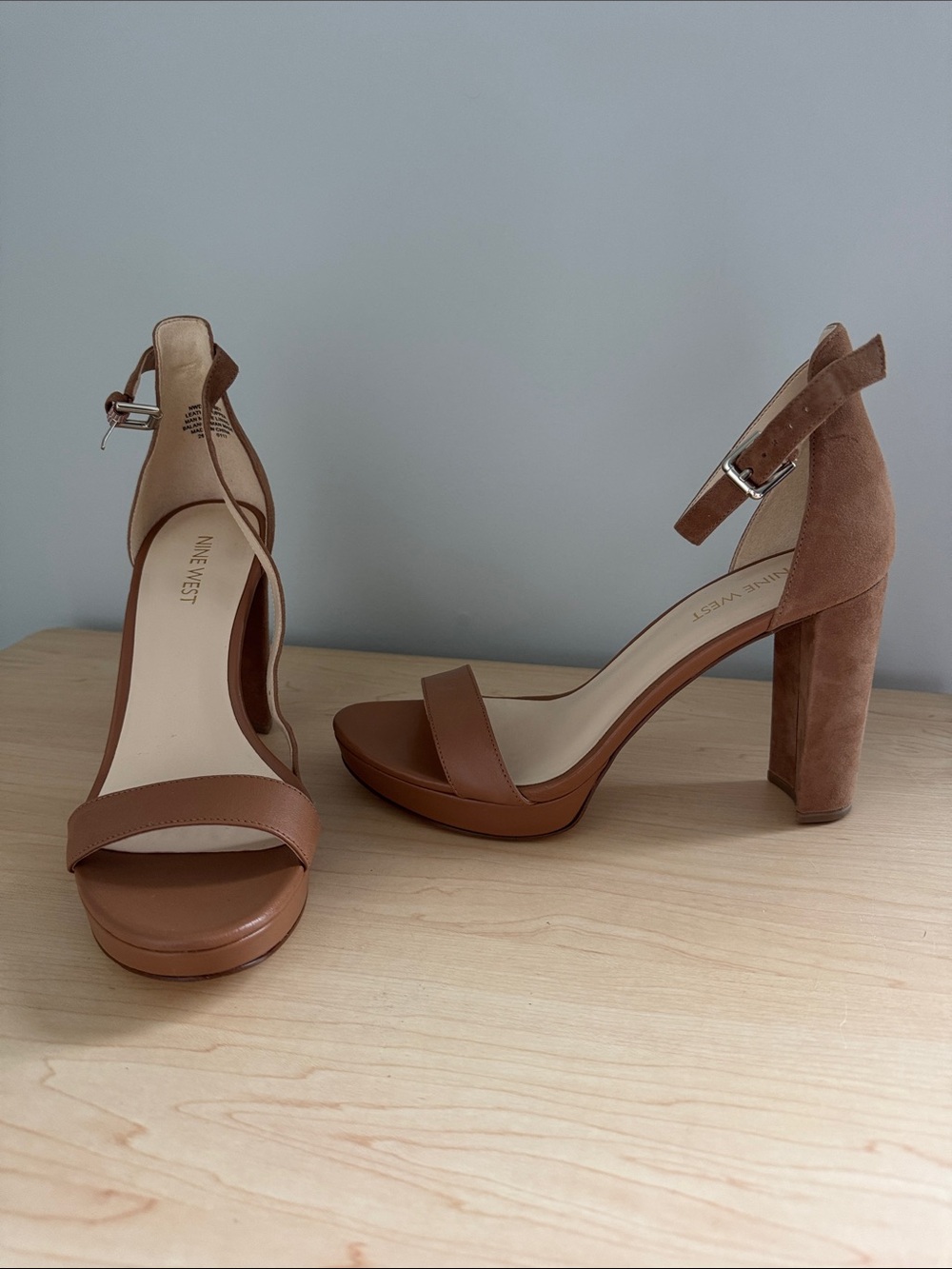 Nine West Tan Brown Block Heel Ankle-Strap Sandals